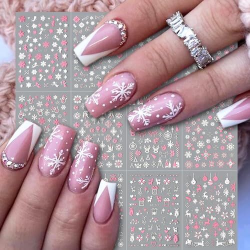 Christmas Pink Nail Art Sticker Decals 3D Self-Adhesive Pink White Snowflake
