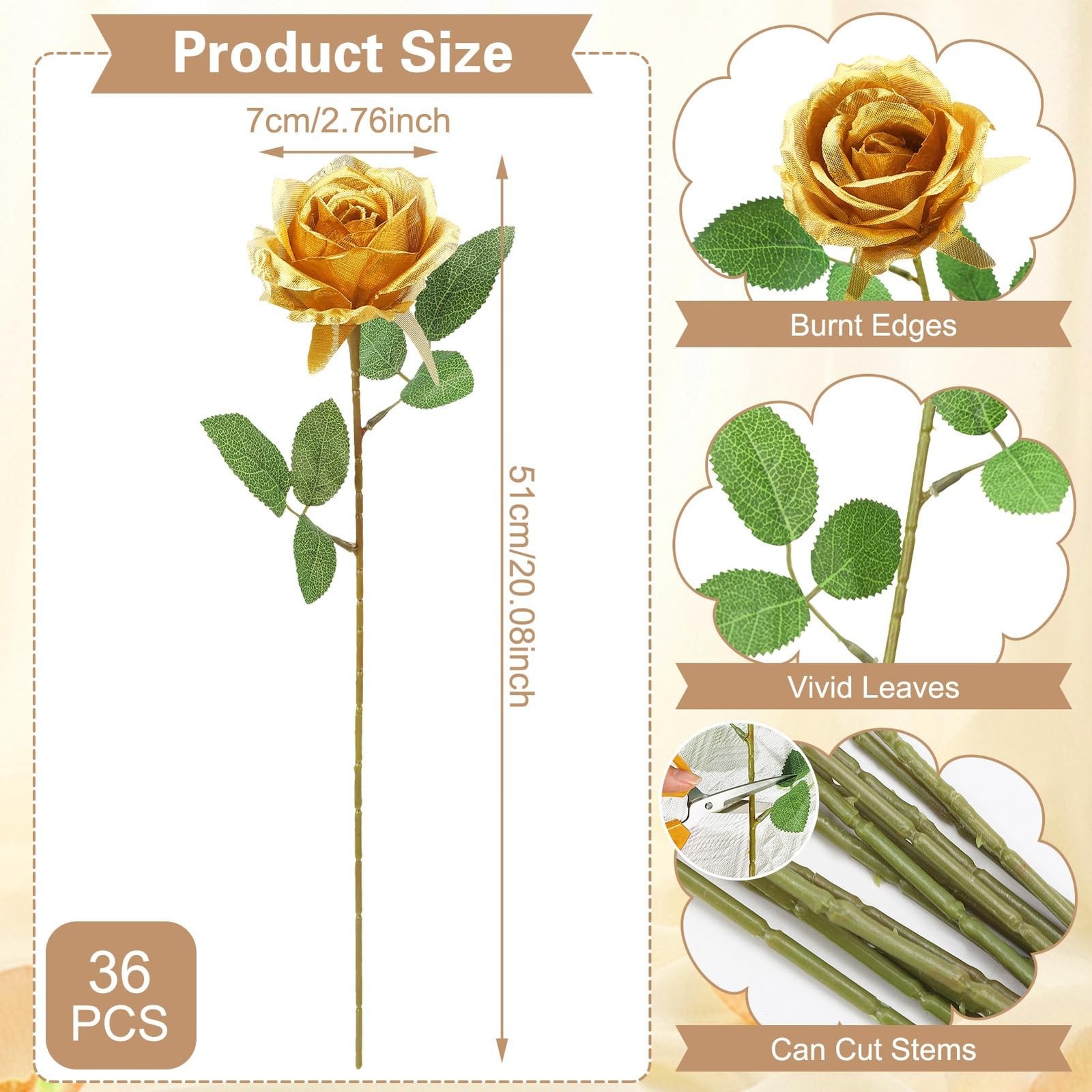 36 Pcs Gold Artificial Roses with Long Stems, Fake Silk Rose Artificial Flowe…