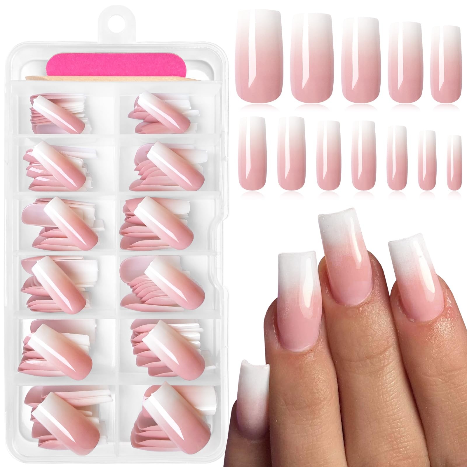 AddFavor 120pcs Ombre Press on Nails Long Square – Long, Ombre-Pink white
