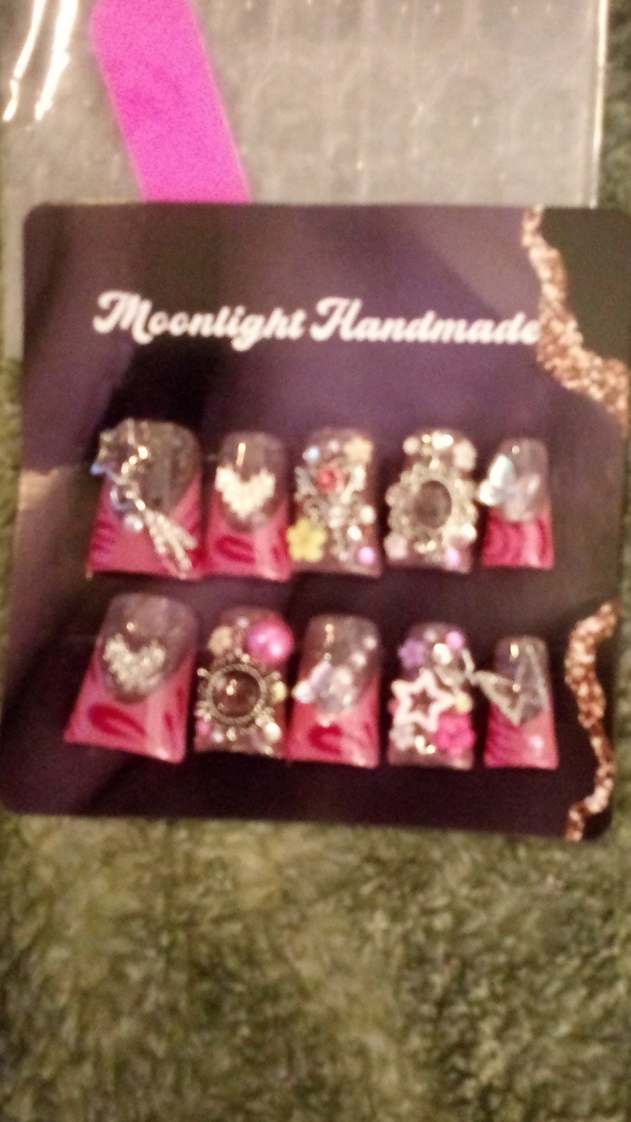 Moonlight Handmade 3D Press-On Nails Pink Silver Square Pre-Designed Full Cover