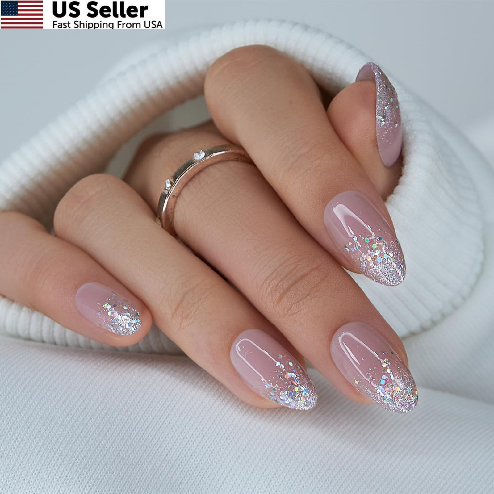 CurvLife Press On Nails Medium Almond Apricot – 30pcs Medium, glitter nails