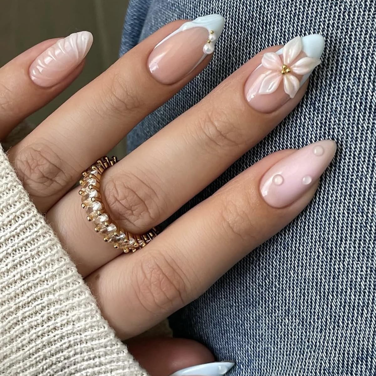 Blue French Tip Press on Nails White Flower Medium Almond Fake Nails With Pea…