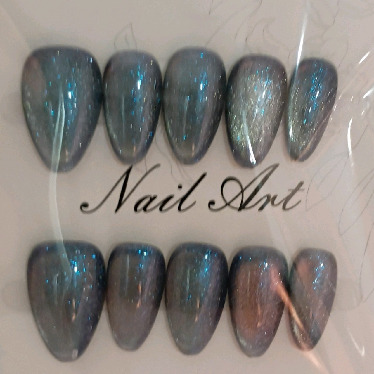 Press-On Nails Gray Blue Glitter Cat Eye Short Almond, Size M