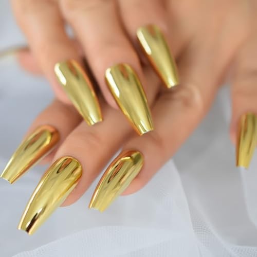 Metal Coffin Fake Nails Extra Long Gold Yellow Chrome Reflective False Press