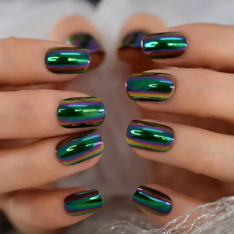 24 Short Press on nails kit w glue green chameleon chrome