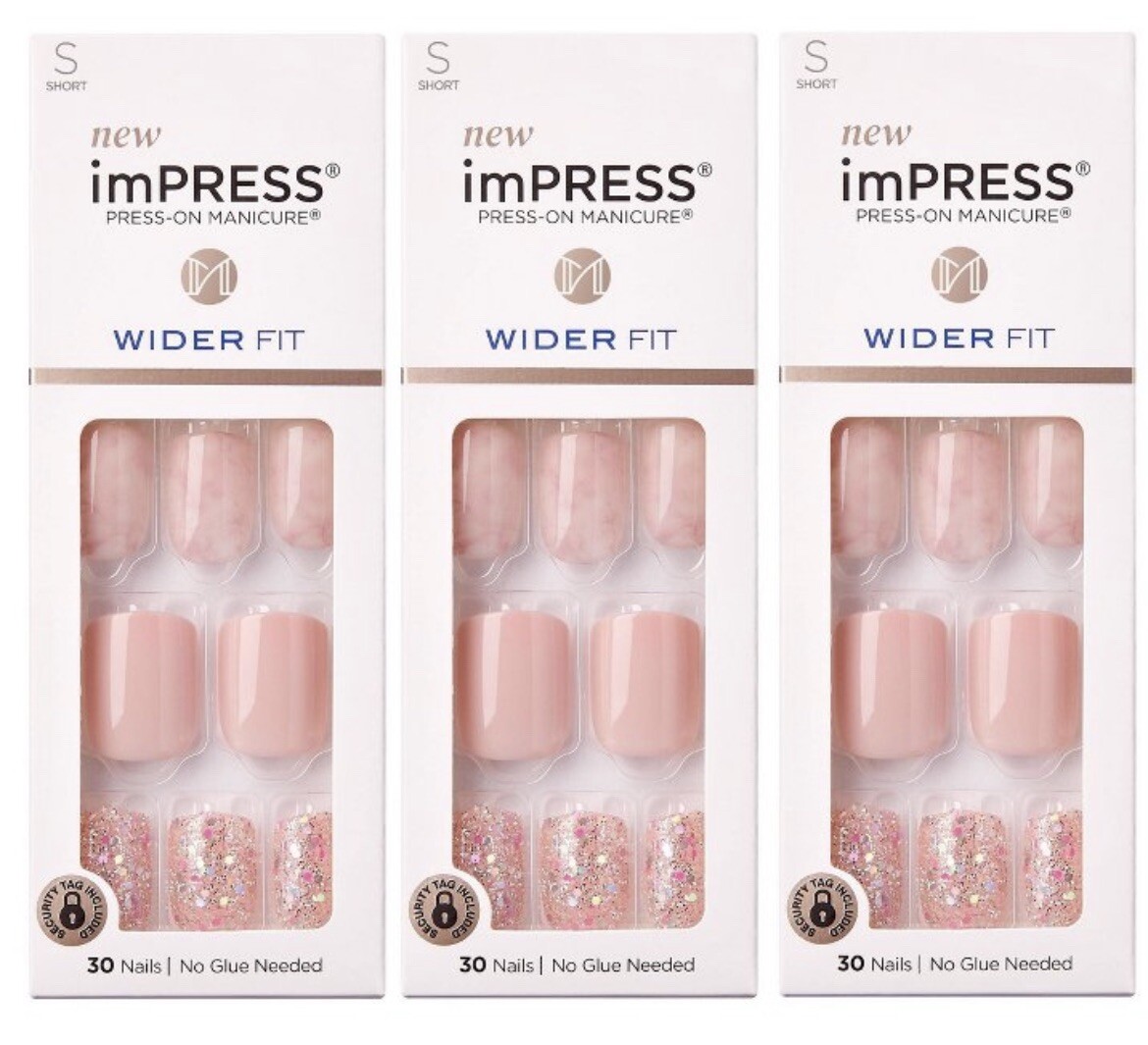 Kiss imPRESS Short Length Pink Nails Just a Dream WIDER Fit x 3 Packs