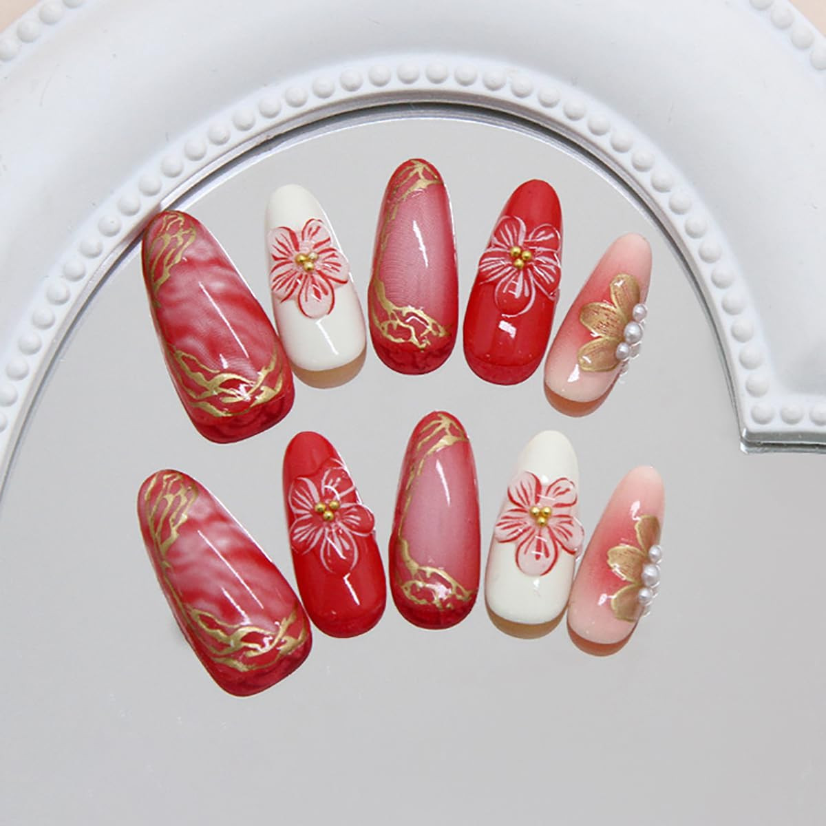 Pink Flower Press on Nails Medium Almond Fake Nails 3D Pearl Gold Bead Design Fl