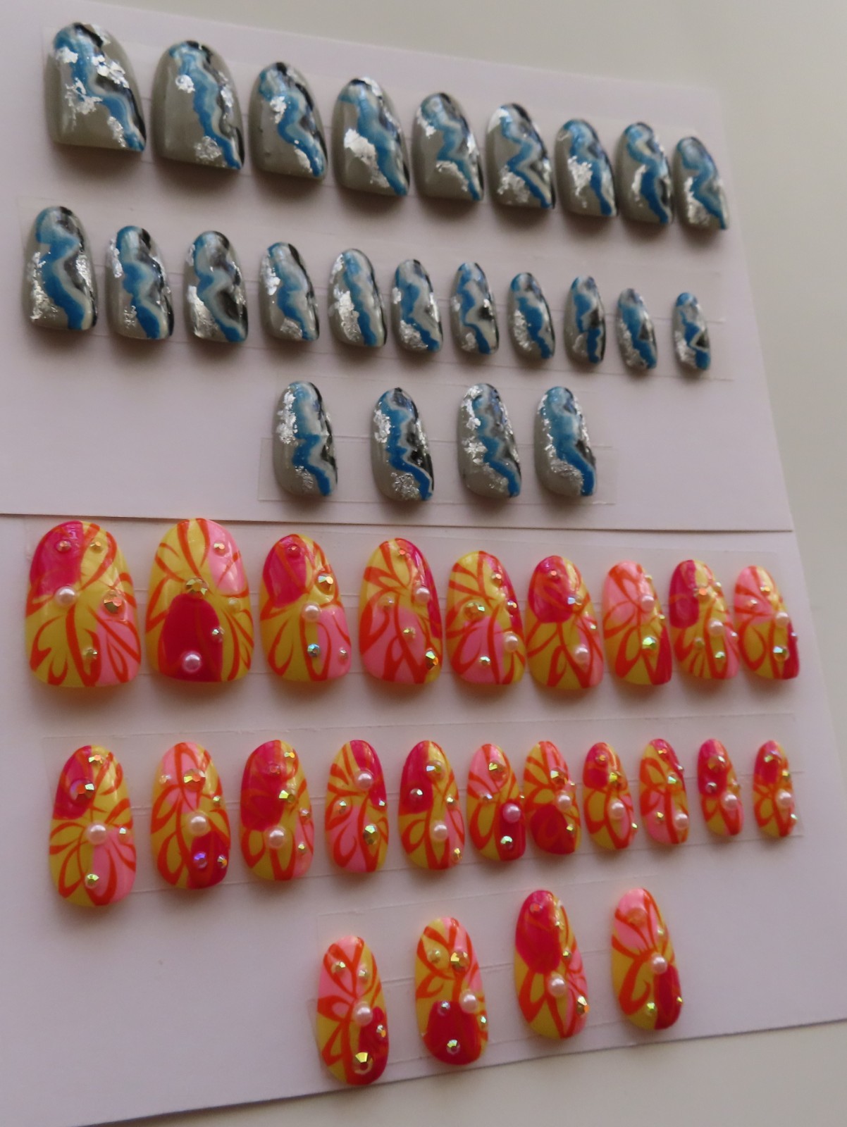 (2) Sets Yellow Red Pink Abstract | Blue Black White Foil Oval Press-On Nails