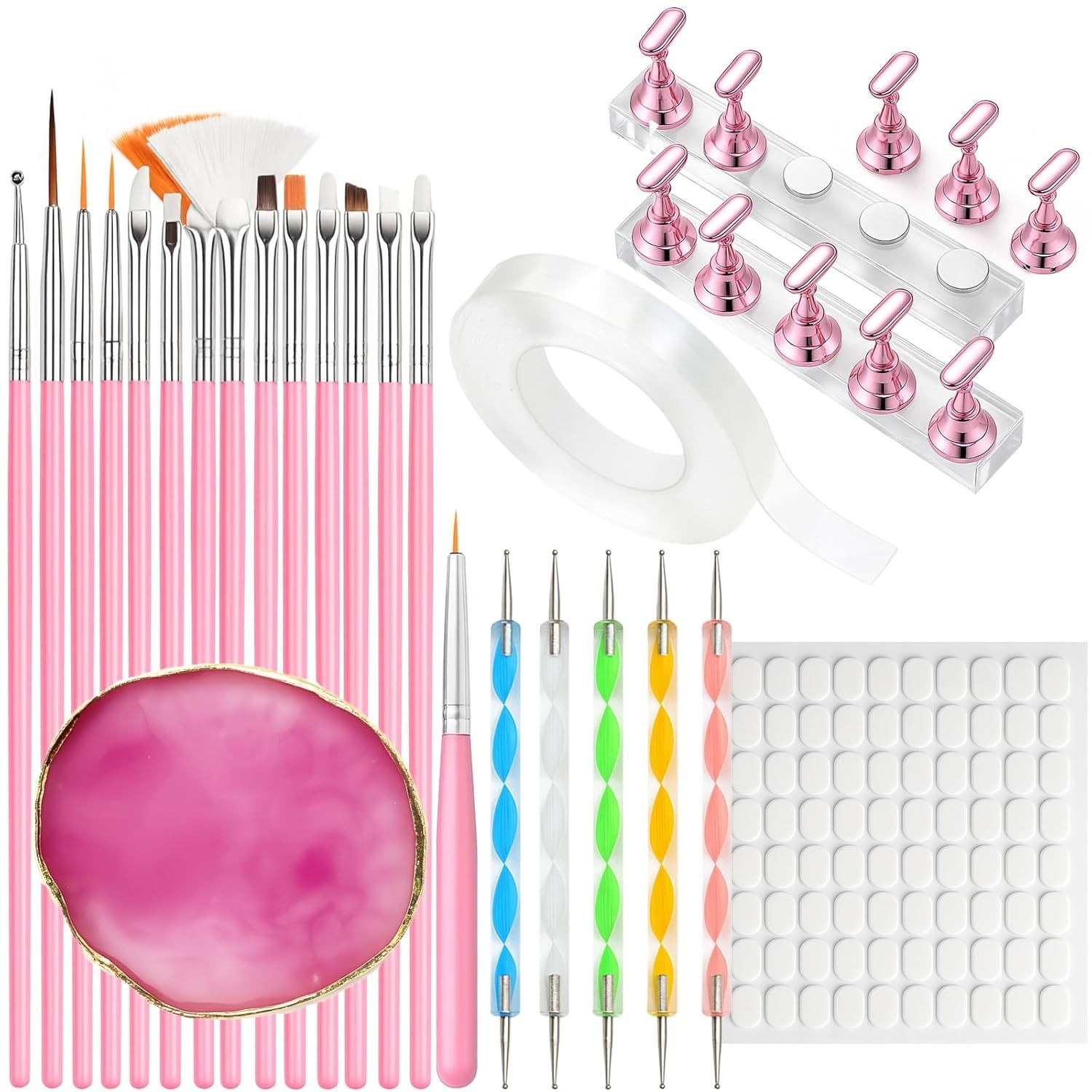 Nail Art Tools Set – 15pcs Pink Nail Art Brushes, 5pcs Dual-Ended Dotting Pen…