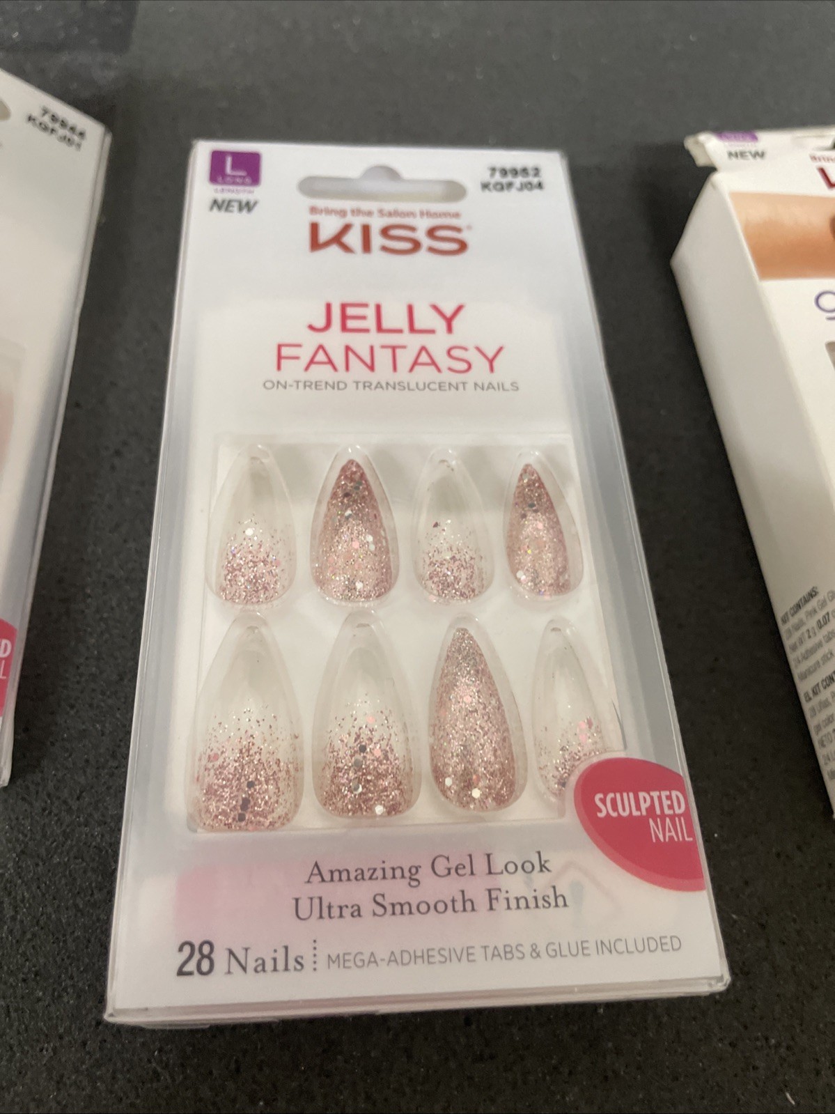6 Kiss Glue-On Nails Lot Jelly Fantasy, Gel Fantasy, Glam Fantasy Long Med.