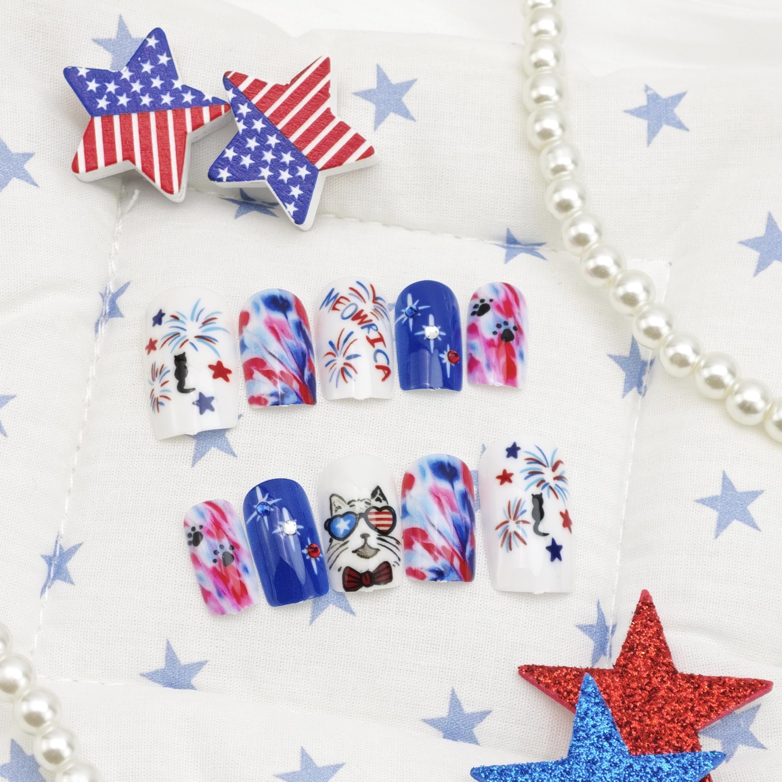 Mkwntg 4th of July Cat Star Fireworks Nails