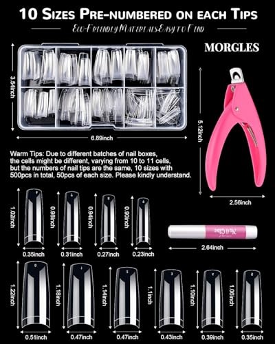 MORGLES 500Pcs Clear Acrylic Nail Tips, French Nail Art Kit w/ Clipper, Files