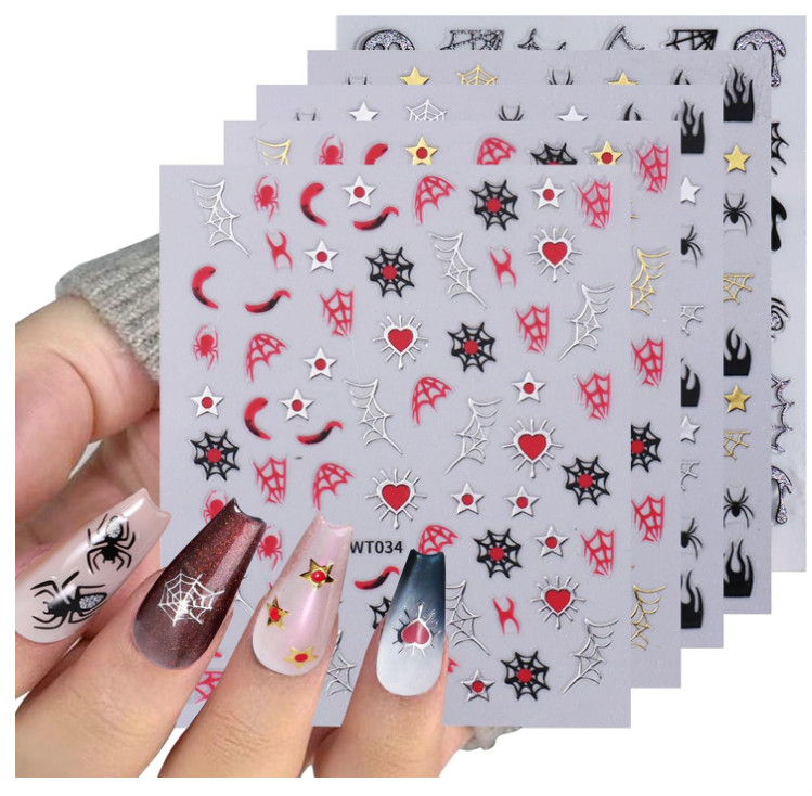 Halloween Nail Art Stickers Black Red Spider Web Blood Star French Decals NH27