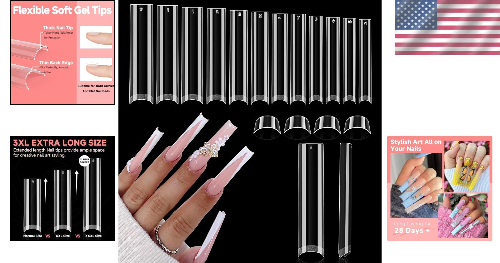 Extra Long 3XL Clear Gel Nail Tips – 504PCS No C Curve Half Cover Collection