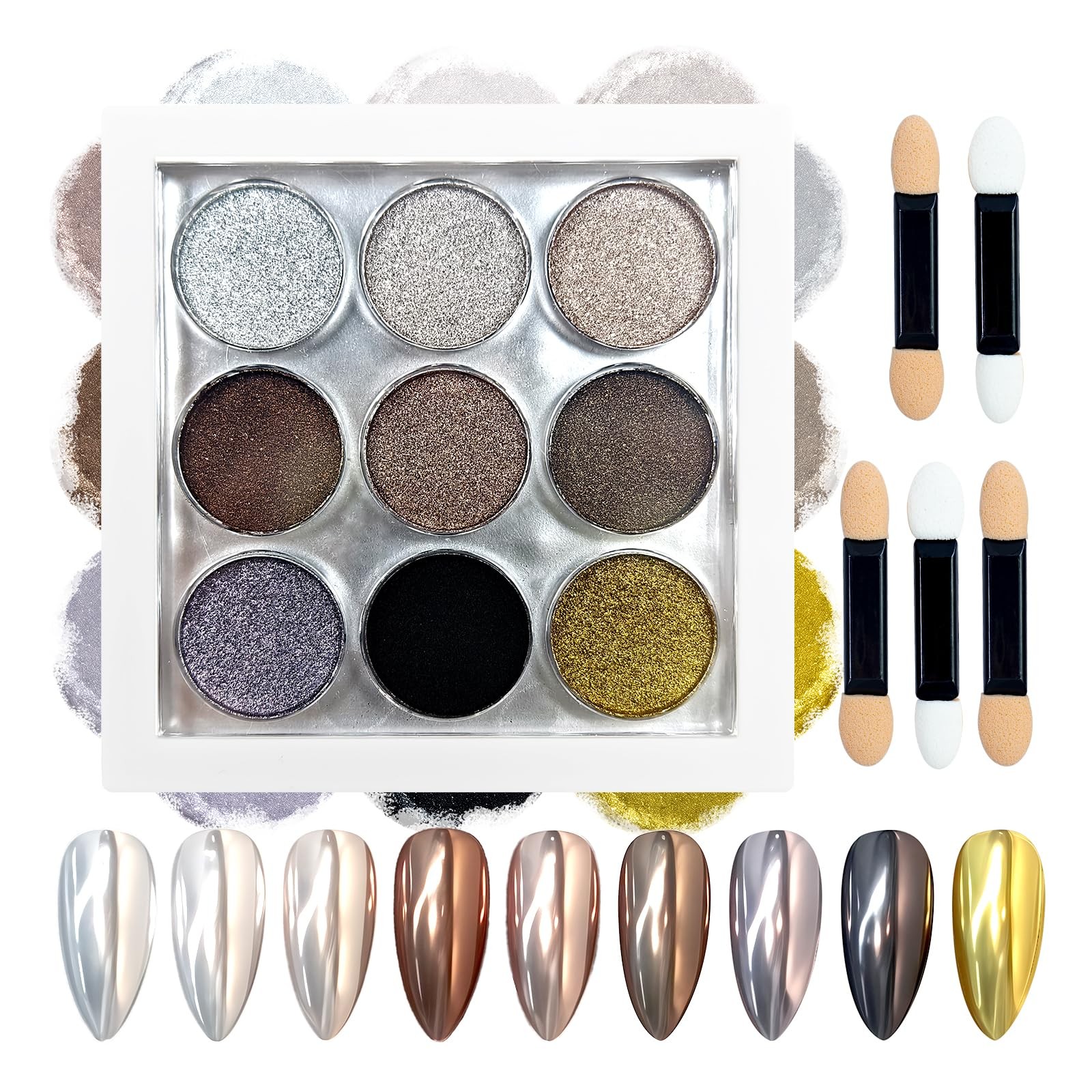 9 Colors Chrome Nail Powder Palette, Black Gold Brown Silver Metallic Mirror …