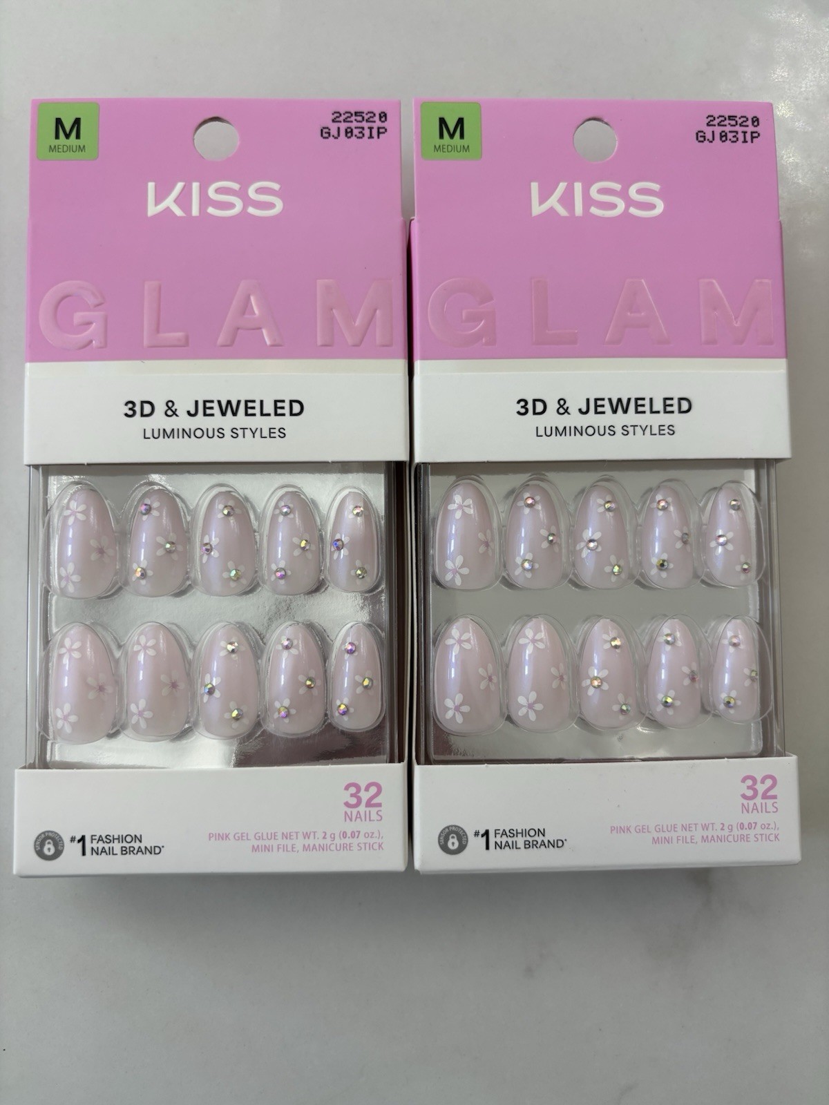 2 Pack KISS 32 GLUE ON NAILS GLAM 3D & Jeweled Breeze of Bliss Pink Medium