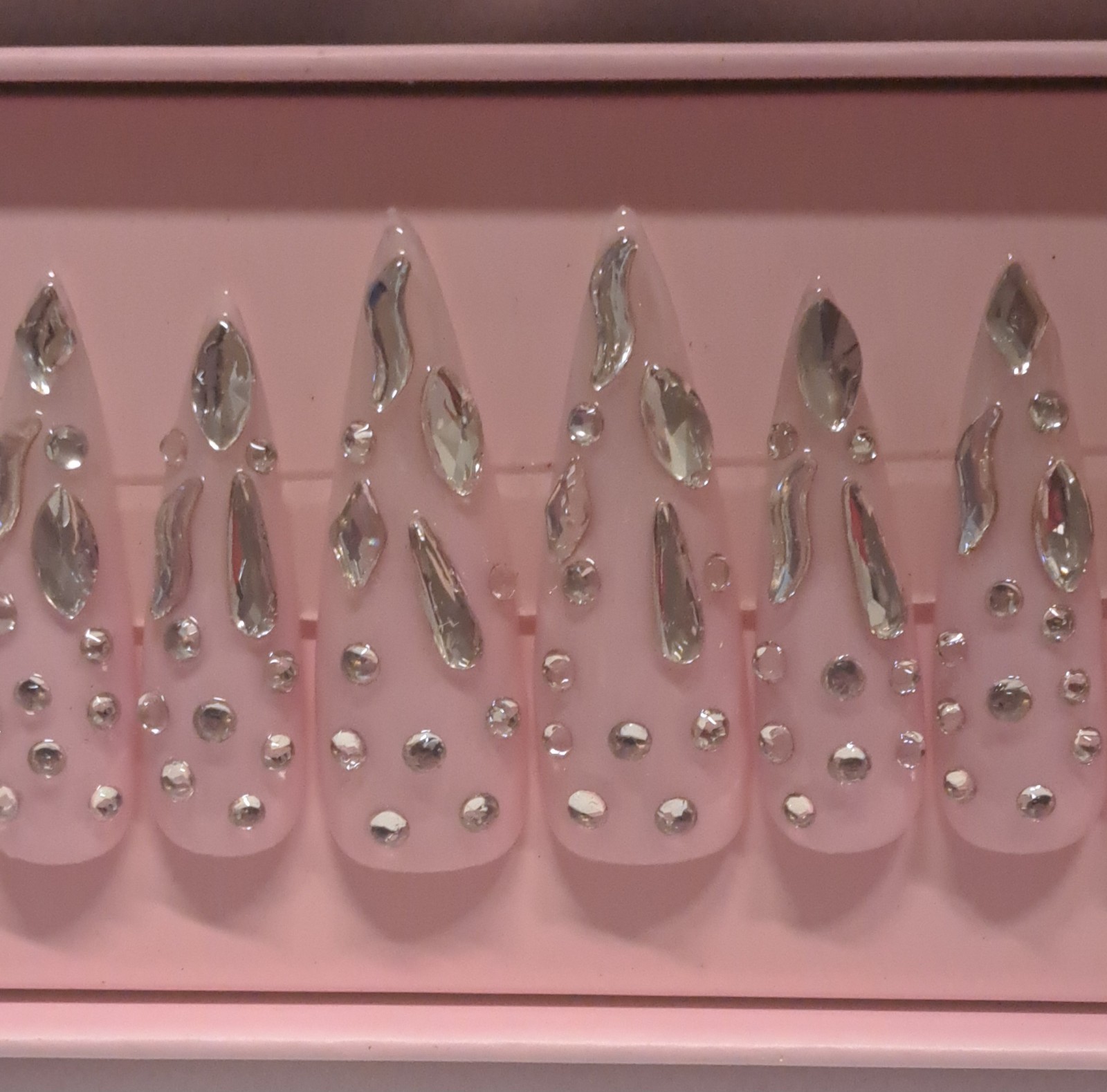 Handmade Almond Stiletto Press On Nails Pink Chrome Drip Rhinestone Bling Glam