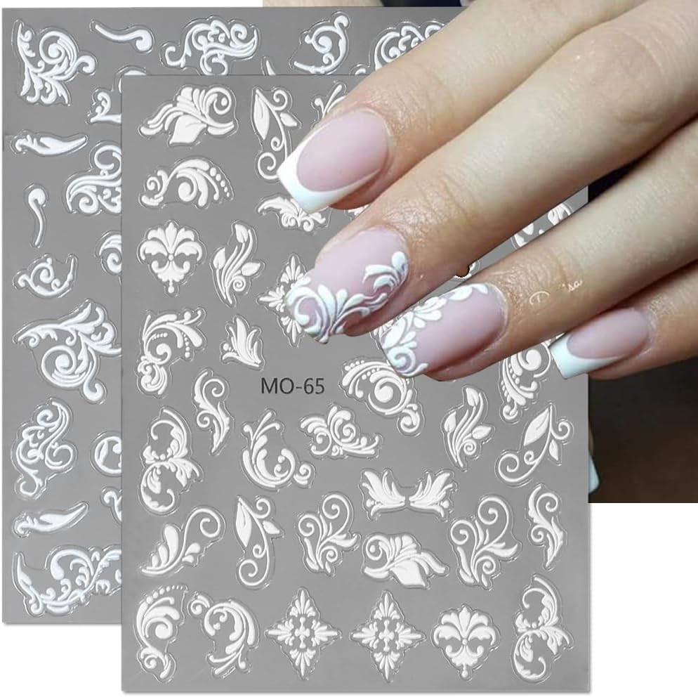 6 Sheets 5D Lace Flower Nail Stickers White Embossed Nail Art Decals DIY