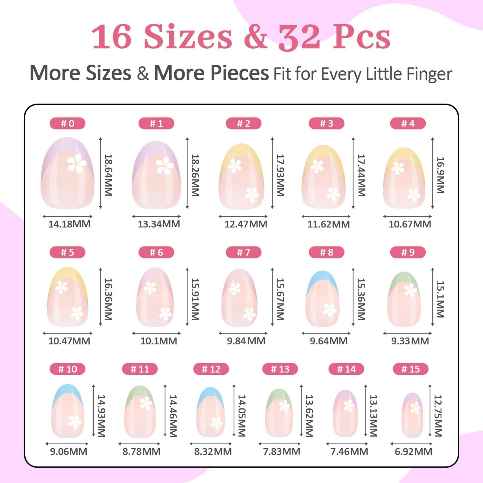 16 Sizes Press on Nails Kit for Kids – 32 Pieces French Almond Fake Nail Tips…