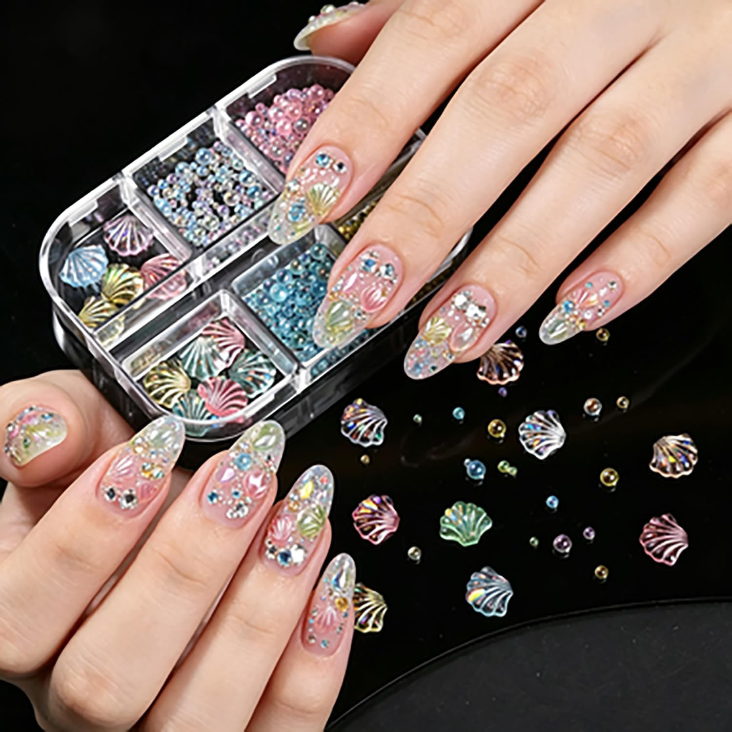 Iridescent Sector Seashell Nail Art Decoration 6 Grid, Resin Bubble Beads Nail R
