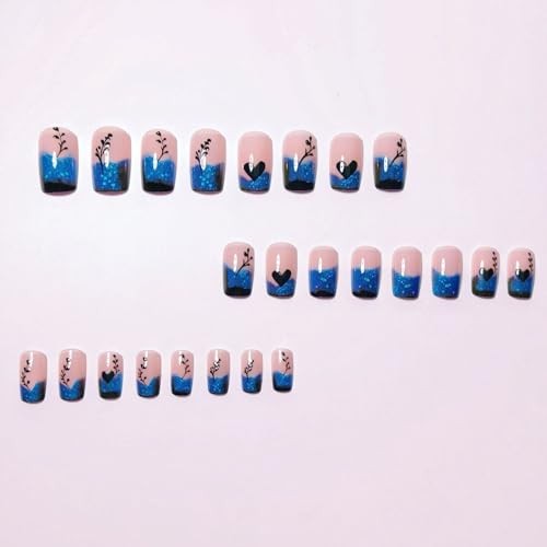 Blue Gradient French Tip Press on Nails Short Square Shaped False Style 14