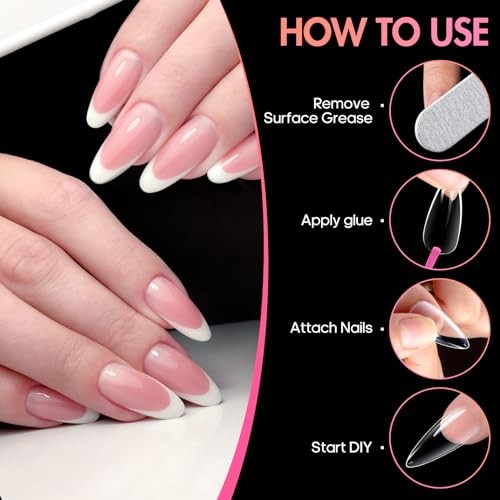 Long Almond Nail Tips 240pcs Stiletto Soft Gel Long Clear Almond Nail Tips