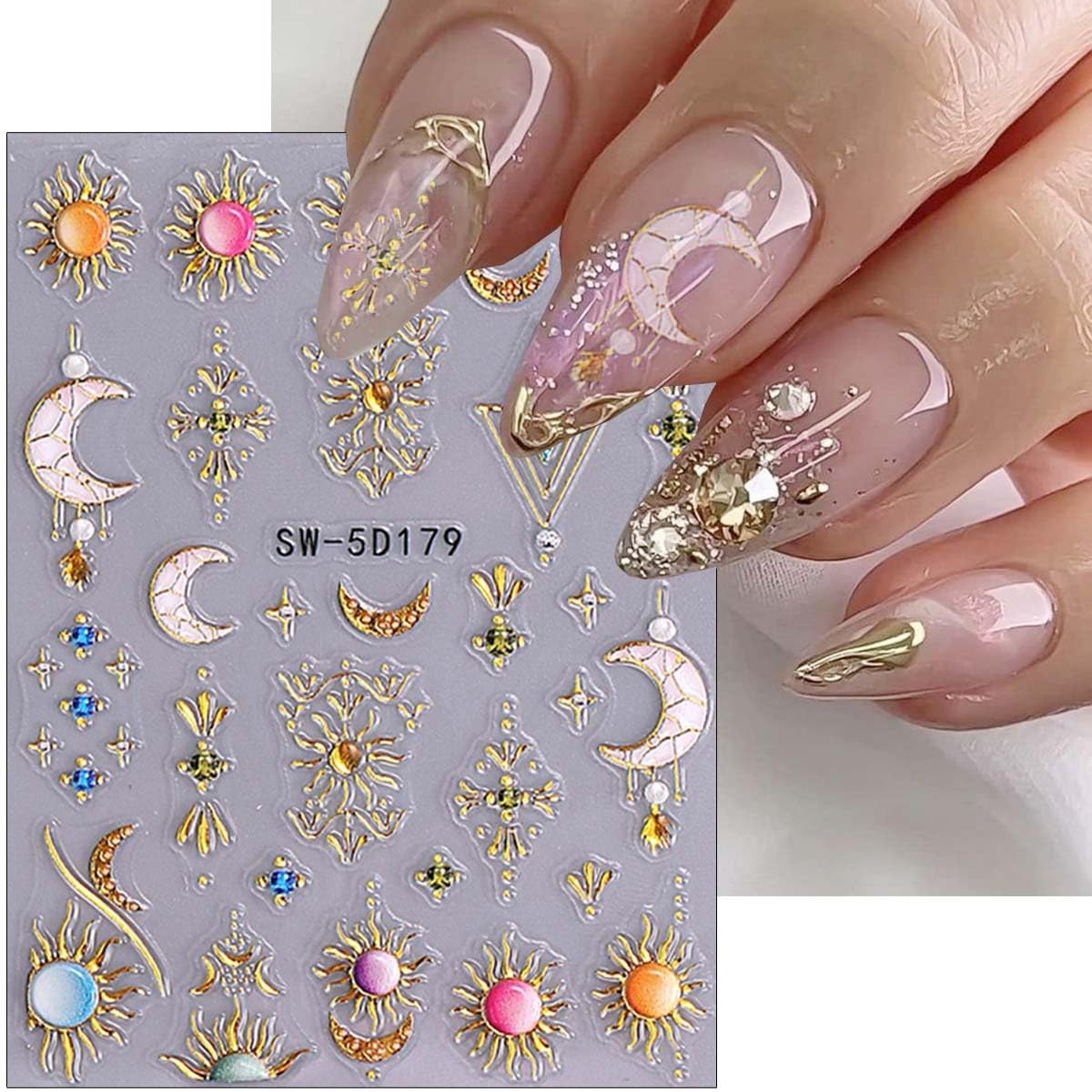 2 Sheets Embossed Sun Star Nail Stickers Bohemian Style Gold Nail Decals Sun …