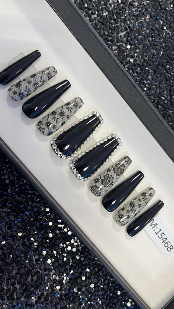 Black Blitz Nail + Custom Box | Ballerina Nail | Nail with Gems | Medium & Large