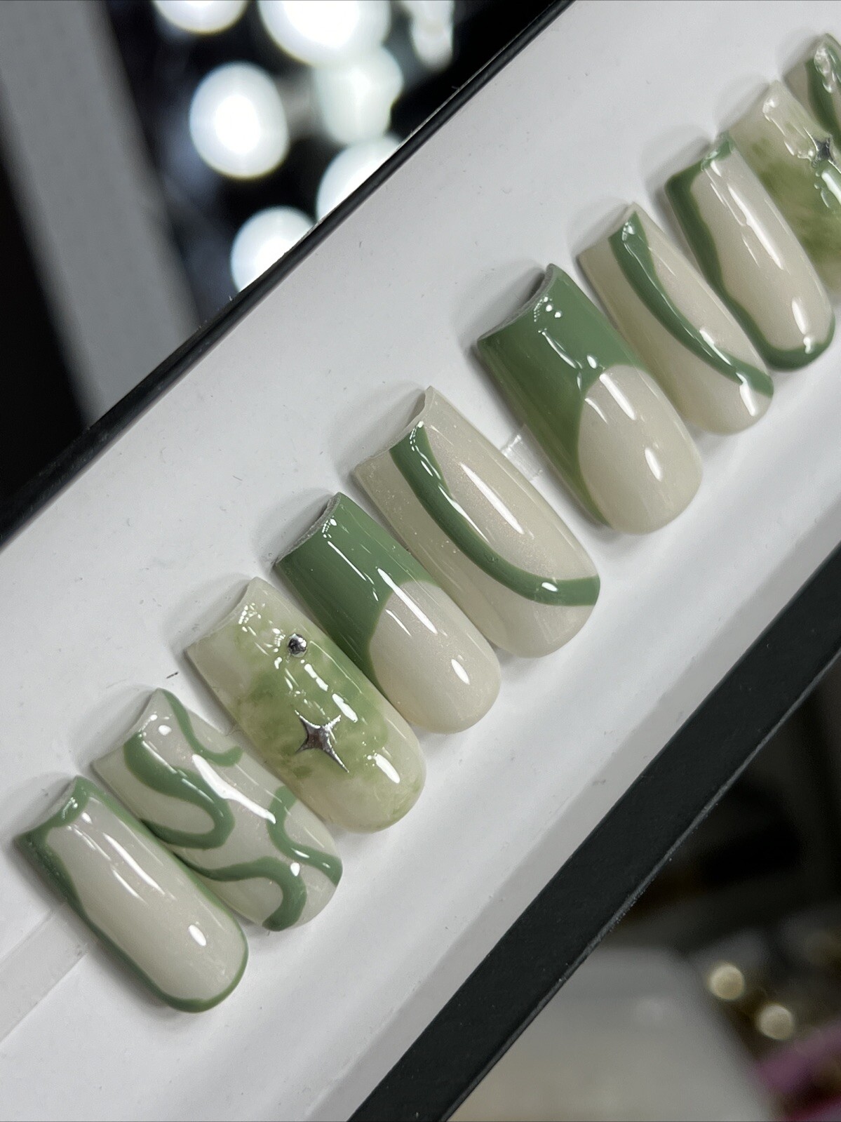 ✨ CUSTOM Hard Gel Press On Nails, OLIVE GREEN Nude Star W BLING 10p SET W Kit