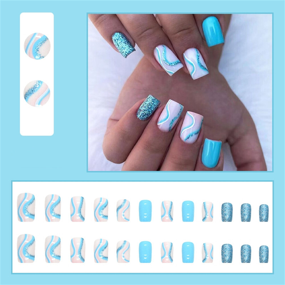 Blue Waves Winter False Nail Short Square Press on Nails for Nail Art 24pcs