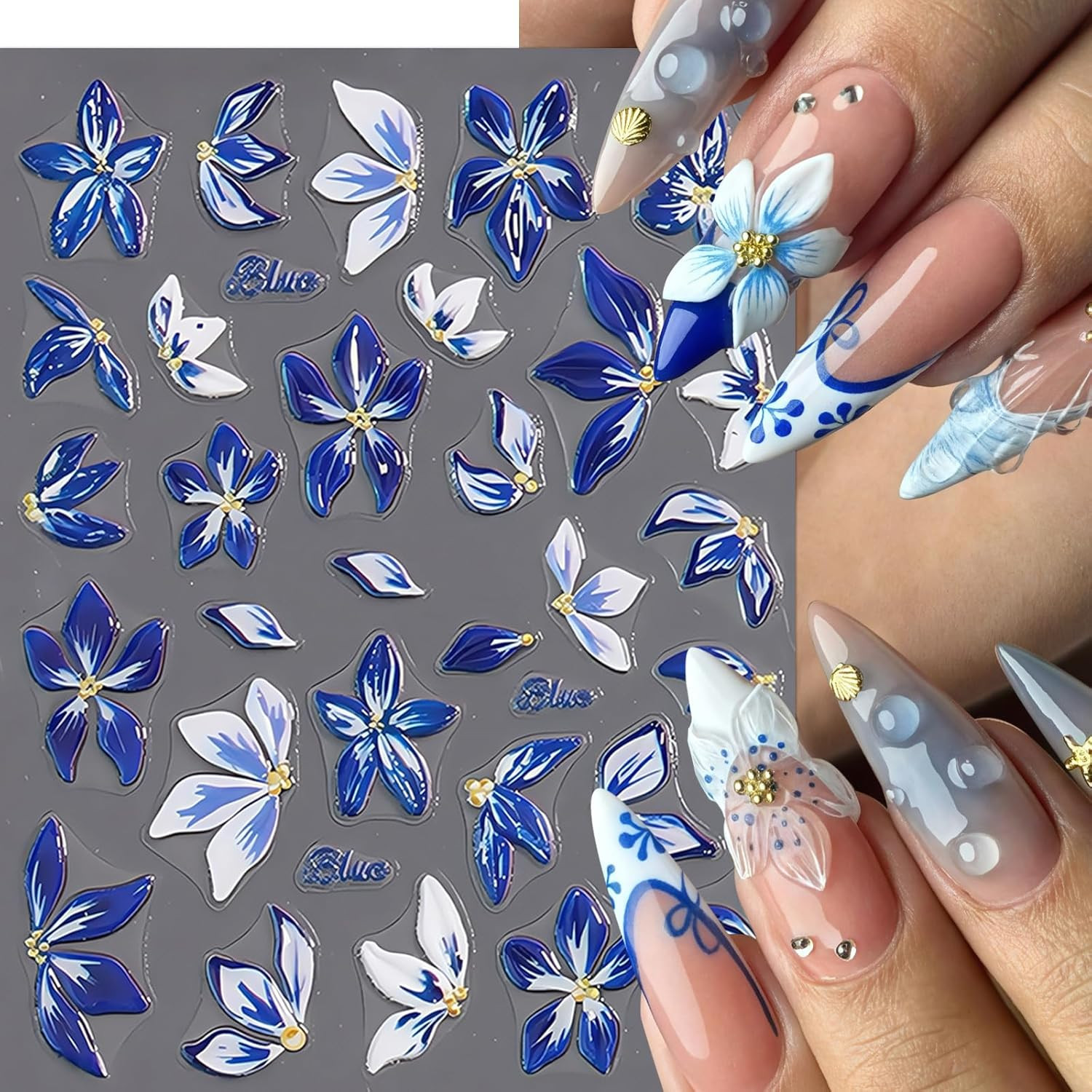 2 Sheets Flower Nail Stickers for Nail Art 5D Embossed Nail Decals Hibiscus Self