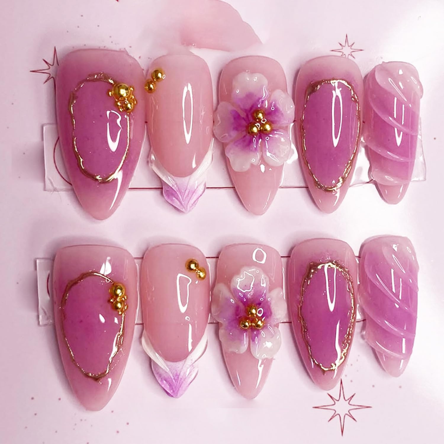 24Pcs French Tips Press on Nails Long Almond Fake Nails 3D Flower False Nails Pu