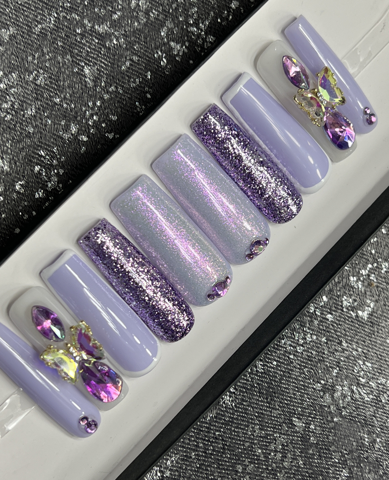 🖤 CUSTOM Gel Press On Nails, HEART BLING , 10p set FULL SET W Kit LONG SQUARE