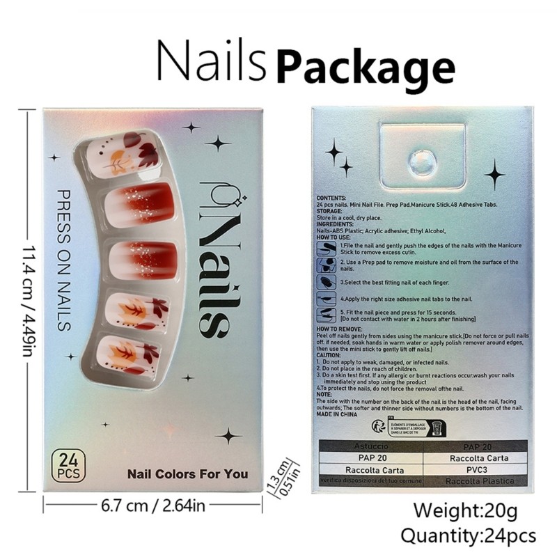 24 Pieces Acrylic Nail Short Square Glossy Maple Leaf Designs For Autumn