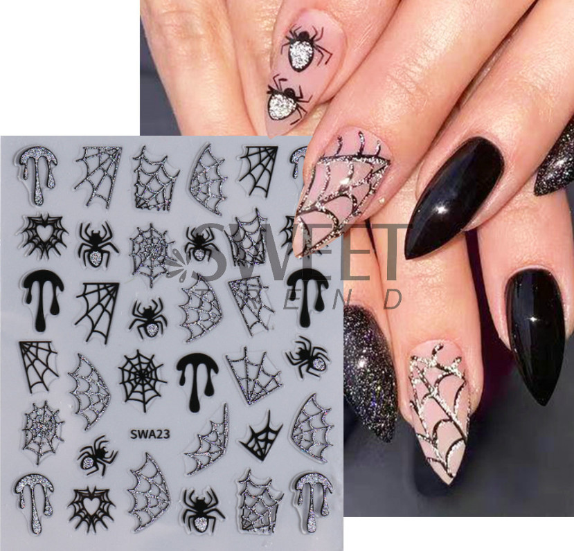Embossed Glitter Halloween Spider Web Nail Art Stickers Self Adhesive NH27