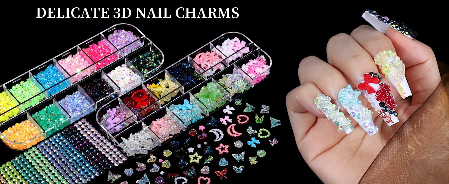 Nail Charms, Nail Rhinestones Kit with 8 Boxes of Nail Gems Multi Shape