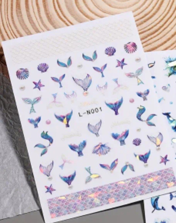 2 Sheets Mermaid Nails Transfer Images Nautical Sticker Sea Shell Beach Fake