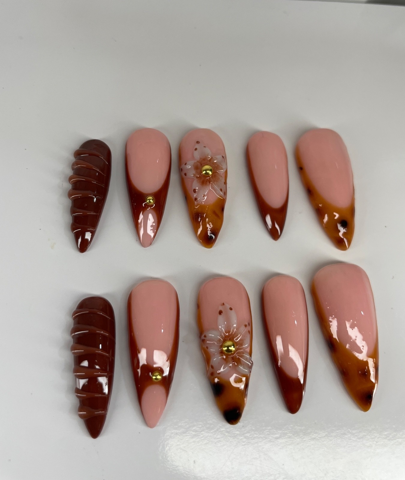 Brown Tortoise Shell Press On Nails | 3D Flower Nail Set | Nude & Brown Handmade