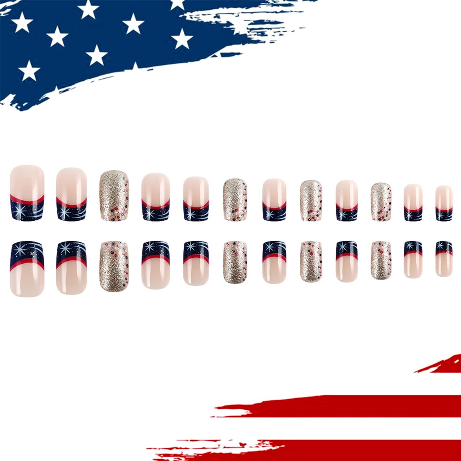 24Pcs 4th of July Press on Nails Short Square Independence Day Fake Nails wit…