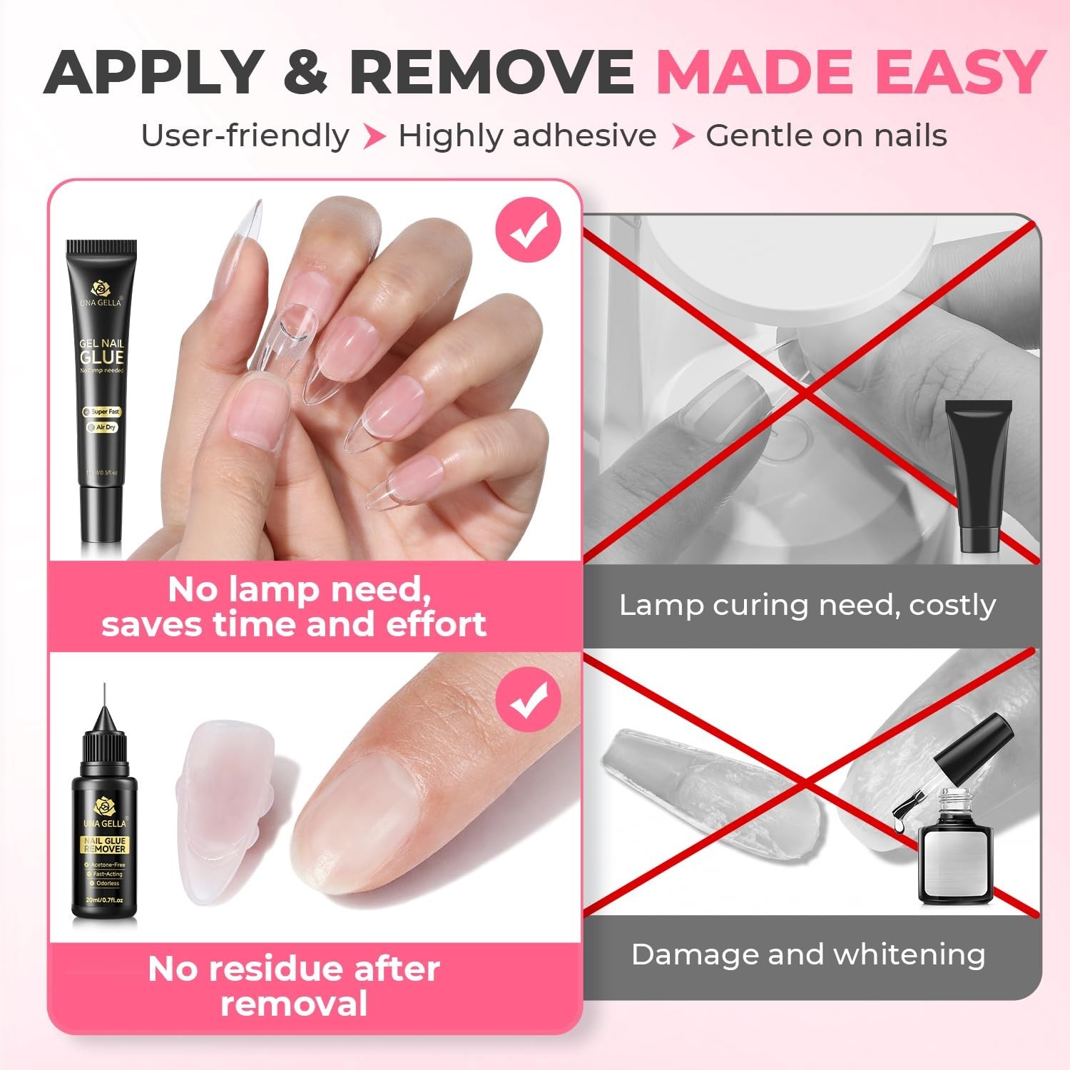 15g Nail Glue for Press On Nails + 20ml Non-Acetone Remover Kit, Quick Dry Gel