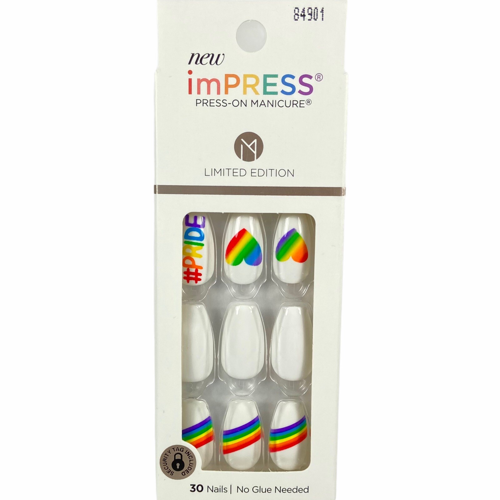 NEW Kiss Nails Impress Press On Manicure Medium Coffin Gel White Rainbow Pride