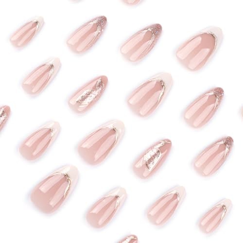 3D Nude Pink Butterfly French Press-On Nails, Almond Medium 14.pink butterfly