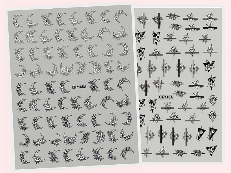 Black Moon Flower Geometric Lines Nail Sticker Leaf Heart Butterfly
