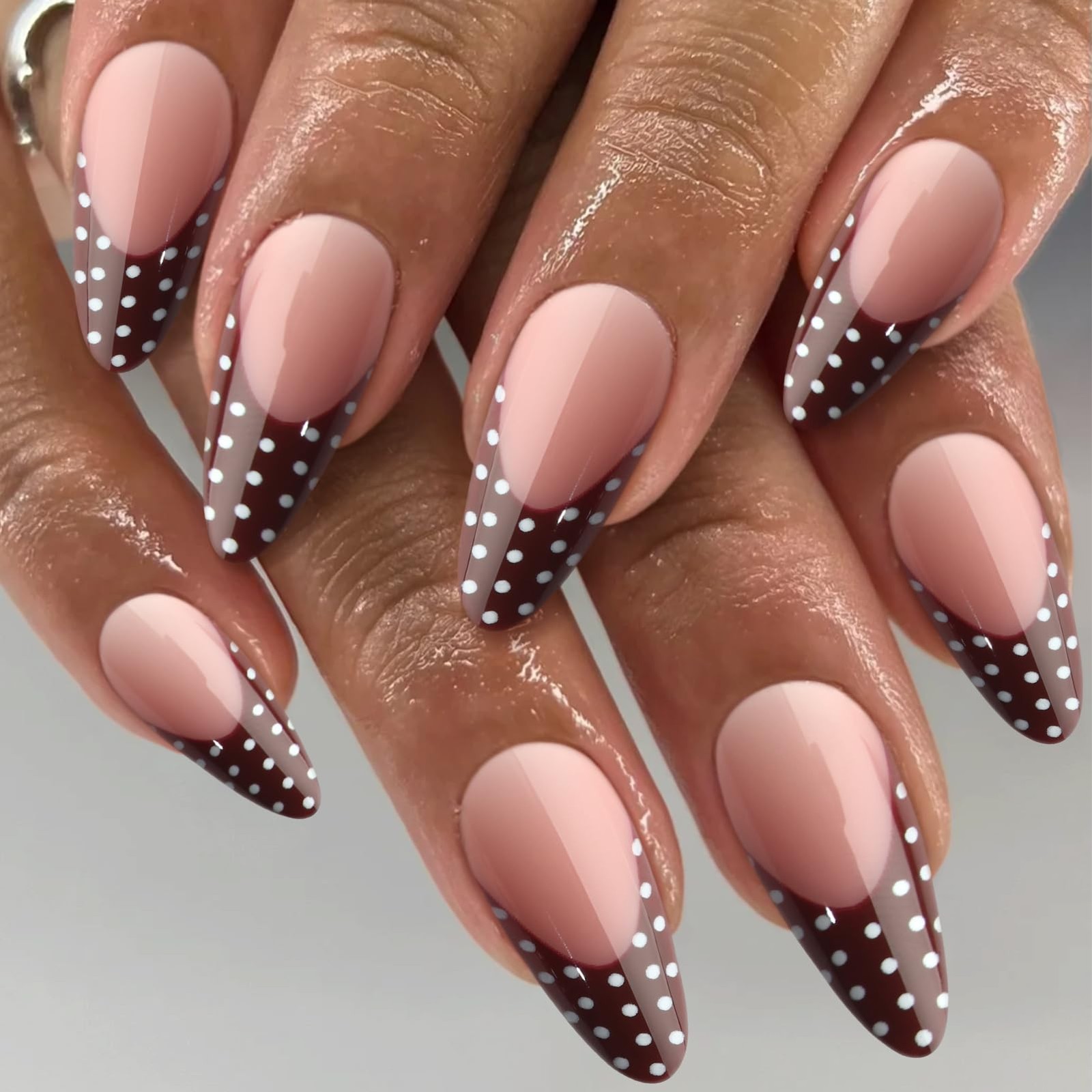 Polka Dot Press on Nails Deep French Tip Almond Fake Nails with Designs Dot, …