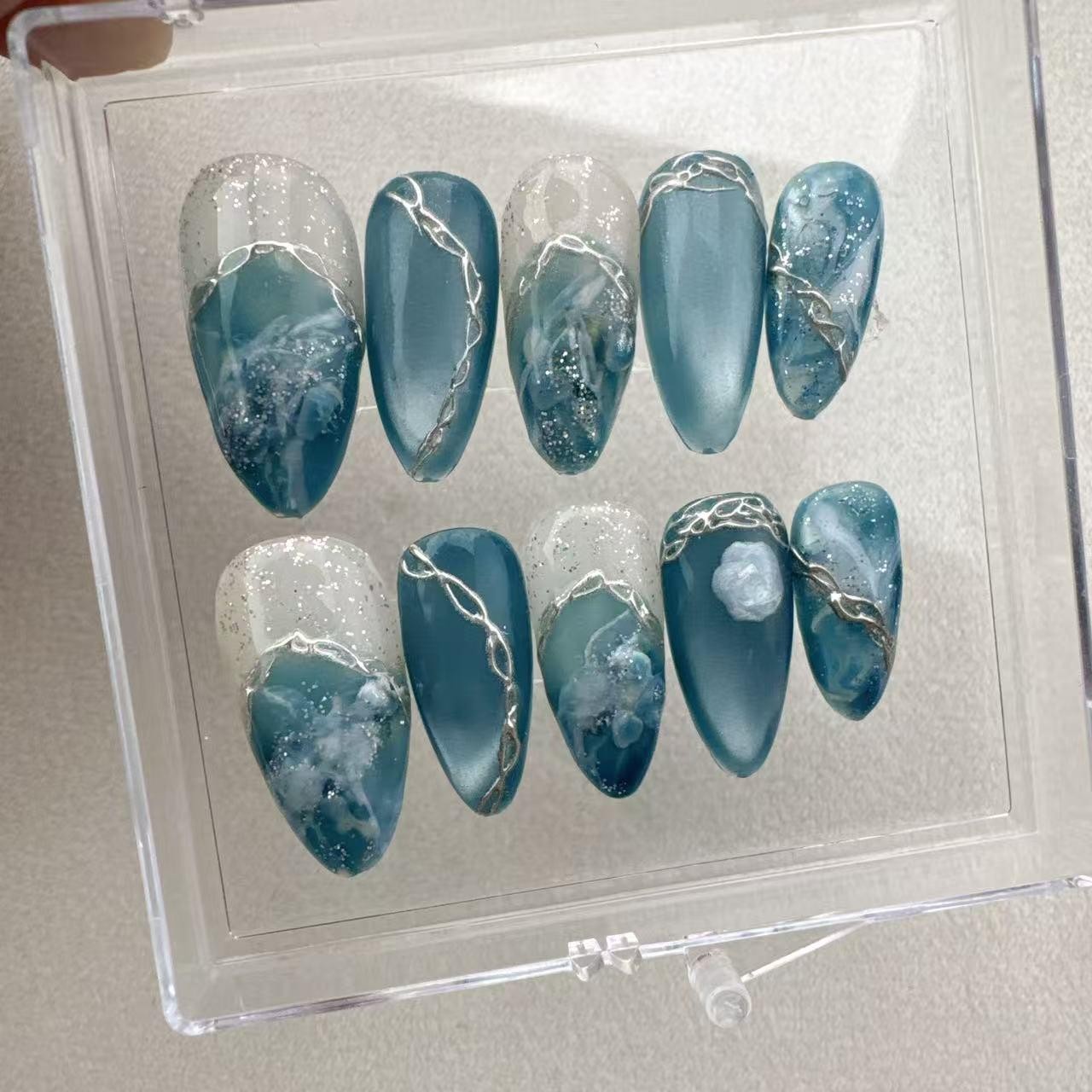Custom Pure Handmade Nails Lake Blue Ink Silver Chain Gold Foil Cool Manicure