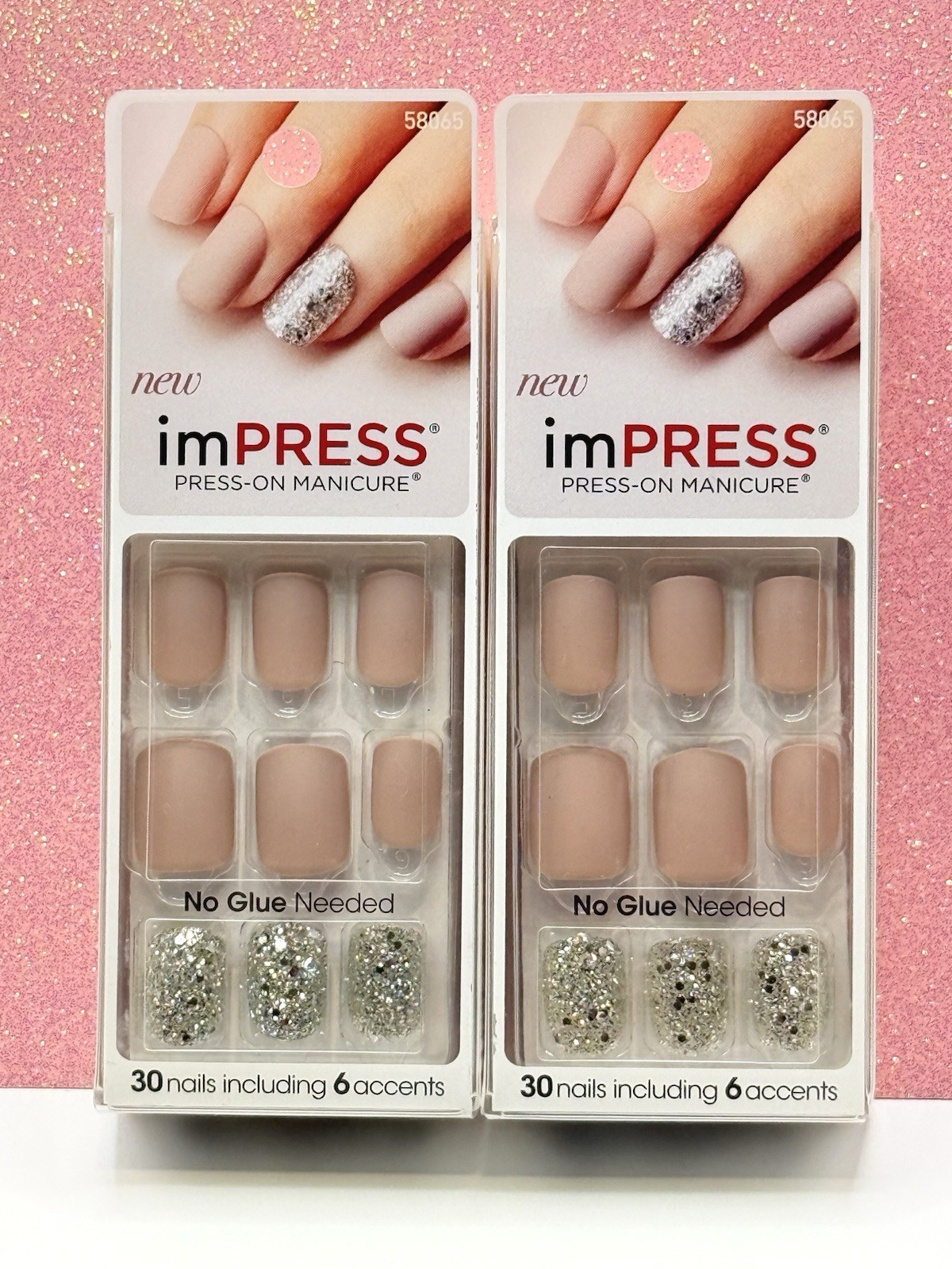 Kiss imPRESS Press-On Nails Short Nude Glitter Accent 58065 Lot Of 2