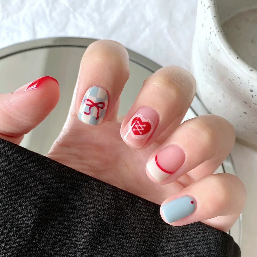 48 Pcs Blue Pink Heart Press on Nails, Short Square Cute French False Nails