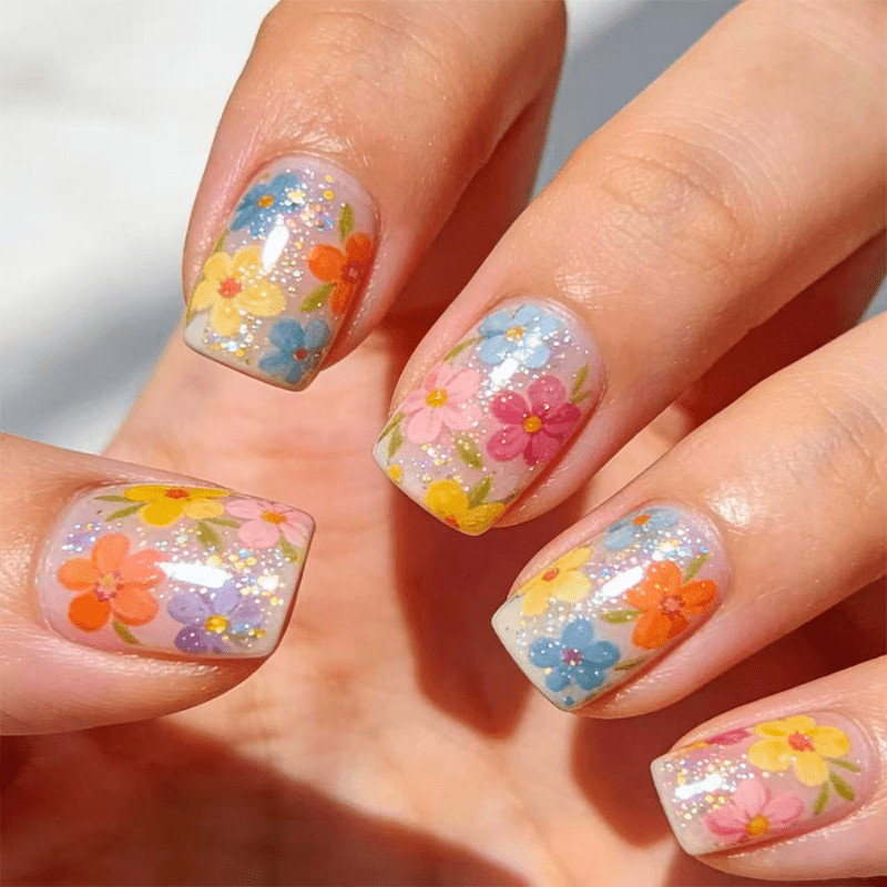 48P Short Square Press on Nails, Clear Glitter Colorful Floral Spring Fake Nails