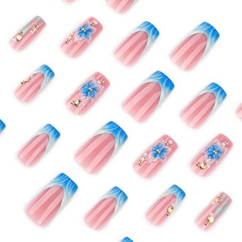 24 Pcs Blue French Tip Press on Nails Long Square Flower Press on Nails-4