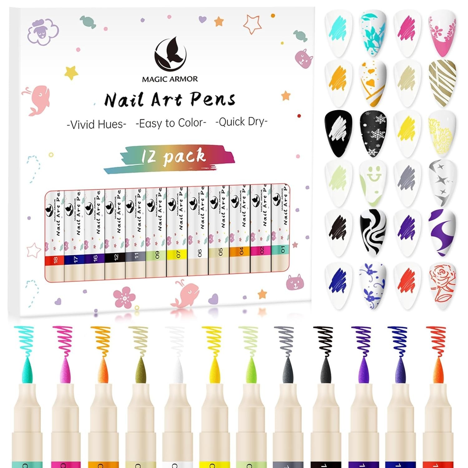 12 Colors Nail Art Pens Set, 3D Acrylic Paint Nail Polish Pens for Drawing &Dott
